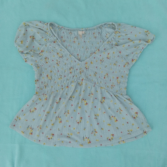 Mint Green Babydoll Floral Top Evolutionary Apparel Puff Sleeve V-Neck Size M - Picture 8 of 9